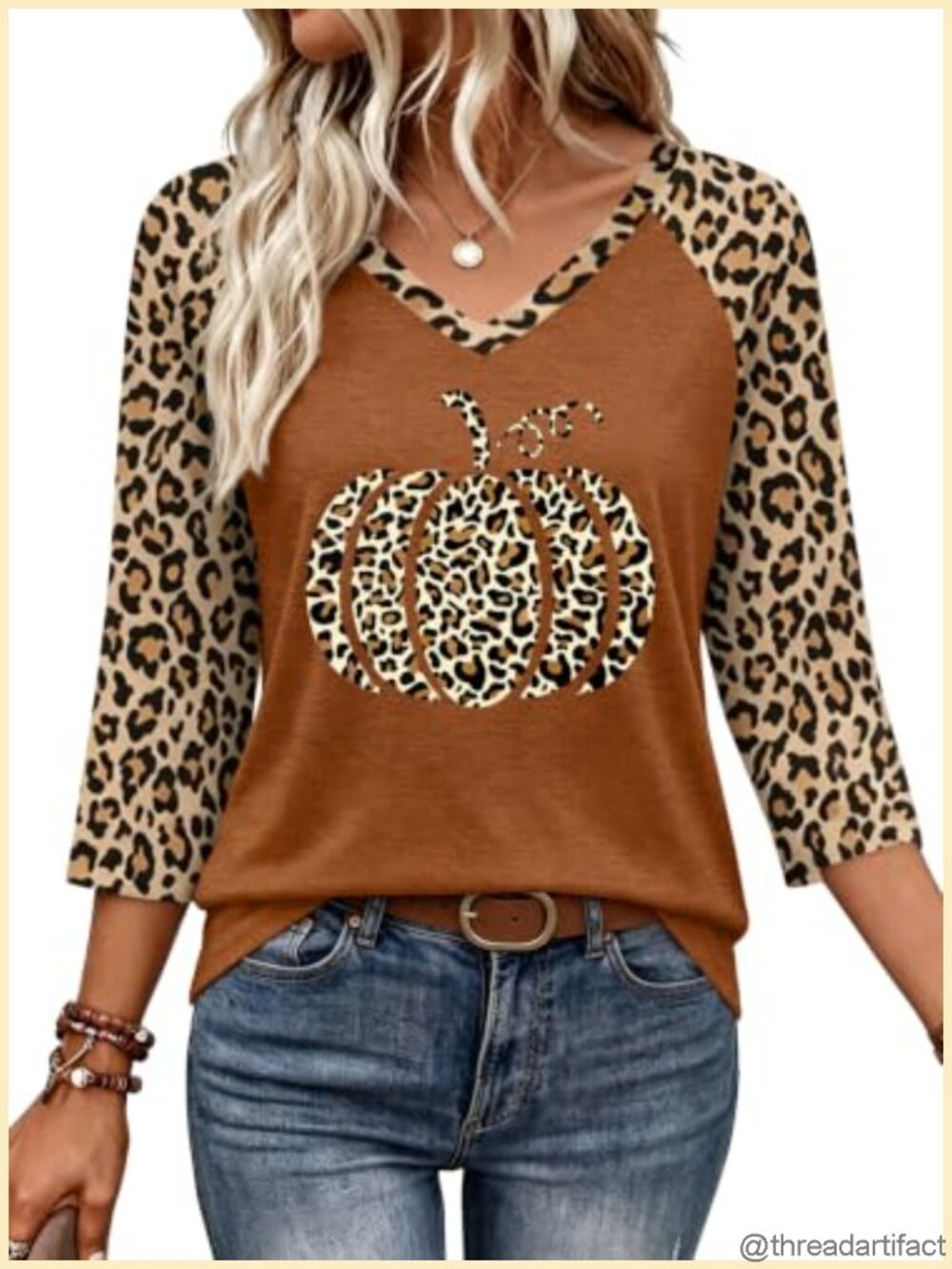 Women Halloween V Neck 3/4 Sleeve Tee Fall Pumpkin Print Casual Top